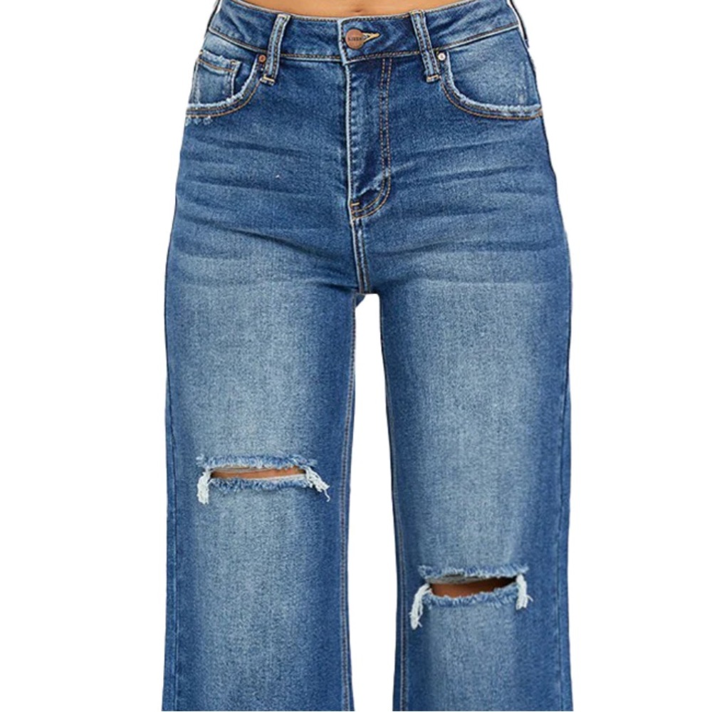 Risen high rise frayed ankle wide leg cropped distressed jeans - Picture 2 of 13